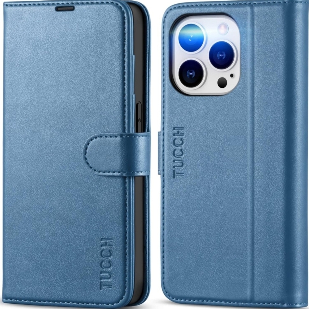 Blue Leather Wallet Case for iPhone 14 Pro